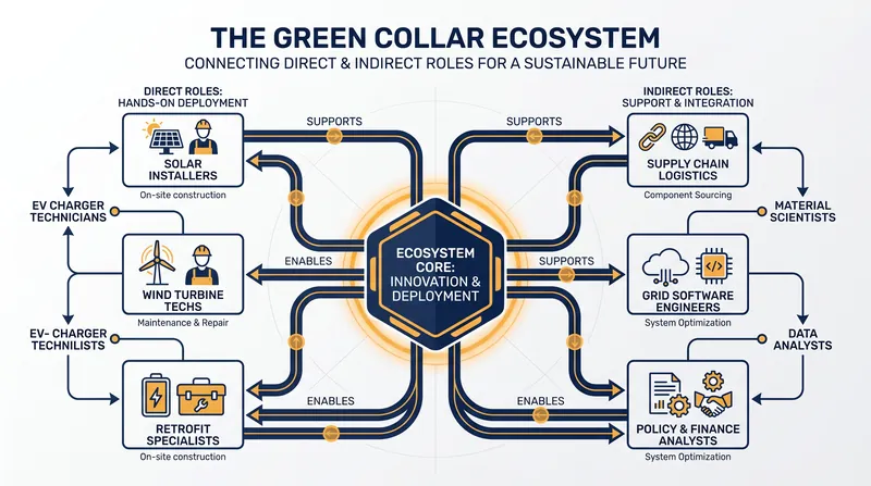 The green-collar workforce encompasses both direct installation roles and the vital indirect logistics required to scale the transition.
