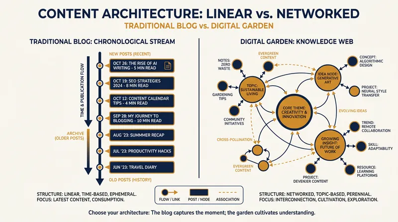 Digital gardens abandon chronological timelines in favor of interconnected webs of thought.