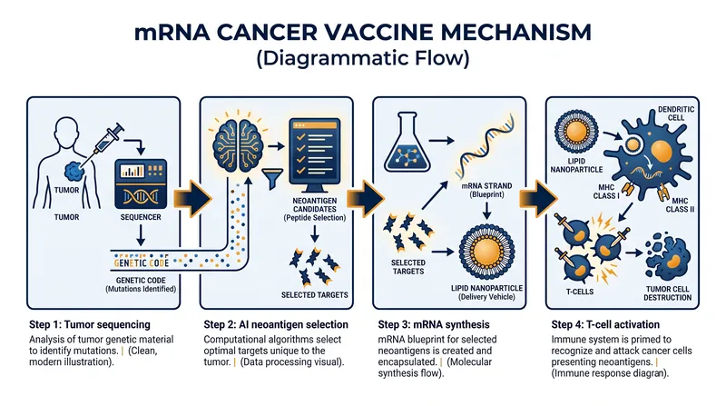 The personalized manufacturing process turns a patient's unique tumor mutations into a targeted genetic instruction manual.