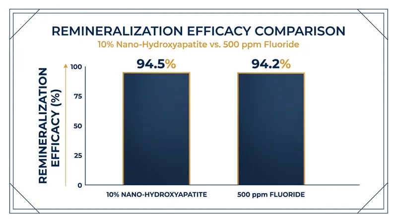 A 2019 double-blind study found that 10% nano-hydroxyapatite achieved comparable efficacy to 500 ppm fluoride in remineralizing early cavities.