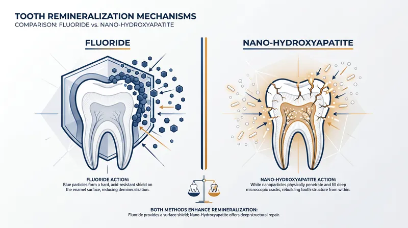 While fluoride hardens the surface by creating fluorapatite, nano-hydroxyapatite physically fills microscopic fissures to rebuild the tooth's natural structure.