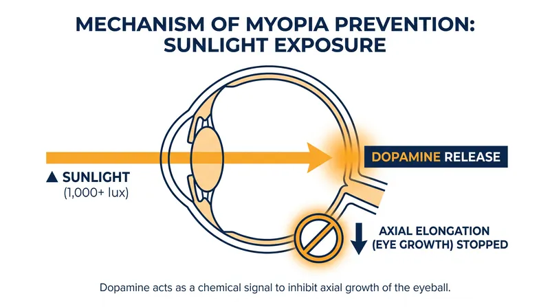 Natural sunlight triggers the release of retinal dopamine, which acts as a biological brake to stop the eyeball from growing too long.