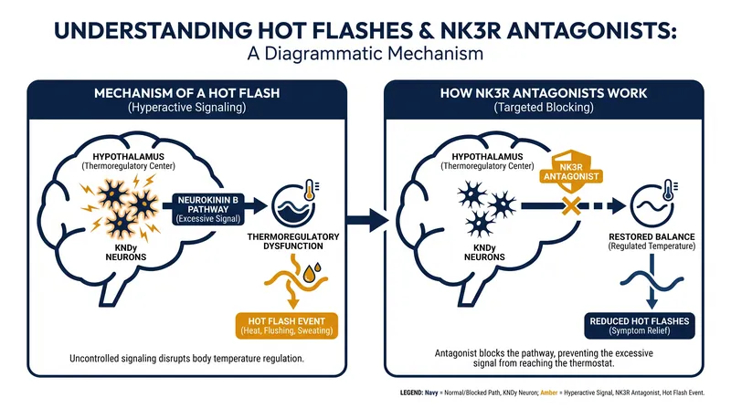 For women who cannot take estrogen, new NK3R antagonists block the specific neurological pathway in the brain that triggers hot flashes.