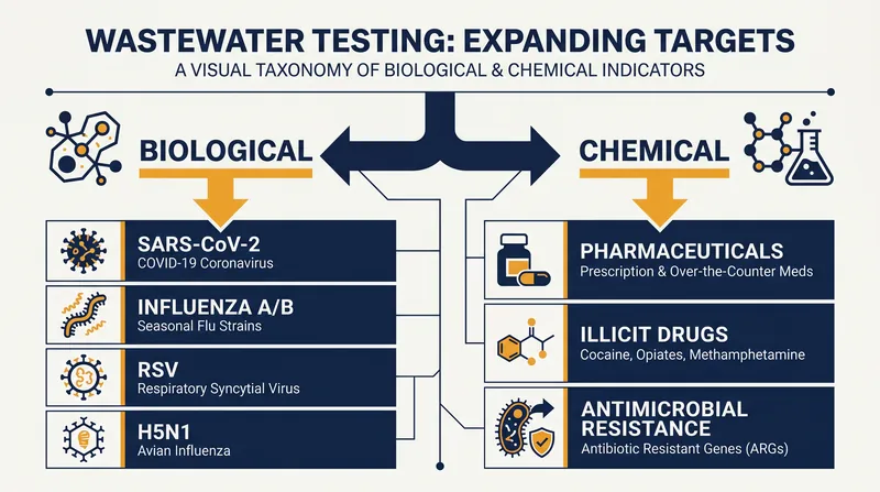 Modern wastewater epidemiology tracks a wide array of biological and chemical markers.