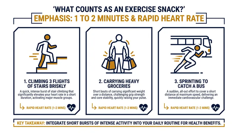 Exercise snacks do not require a gym; they simply require pushing the body into a vigorous state for 60 to 120 seconds.