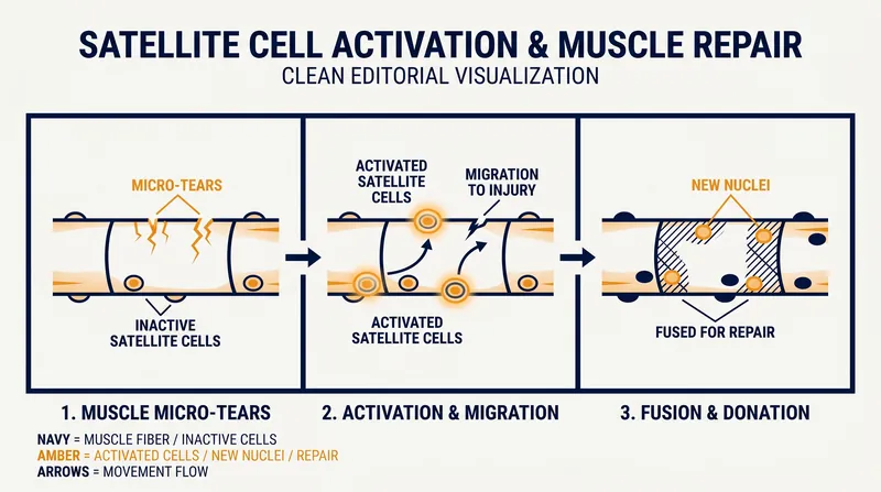 Satellite cells donate their nuclei to muscle fibers during deep sleep, allowing the cell to expand its volume.
