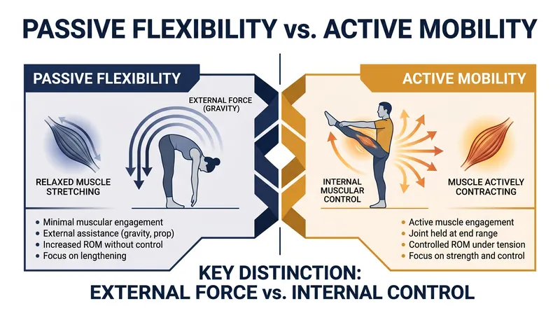 While passive flexibility relies on gravity or assistance, active mobility requires internal muscular force to stabilize the joint.
