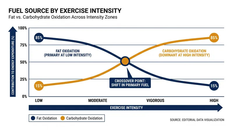 As exercise intensity increases, the body shifts from burning fat to burning carbohydrates.