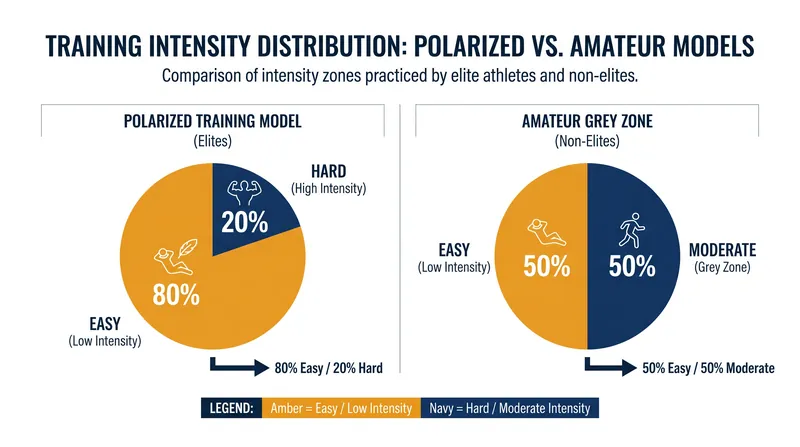 Elite athletes polarize their training, while amateurs often get stuck in the moderately hard 'grey zone.'