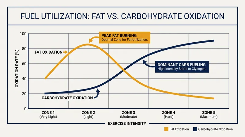 Fat oxidation peaks during low-intensity efforts, preserving limited glycogen stores for high-intensity surges.