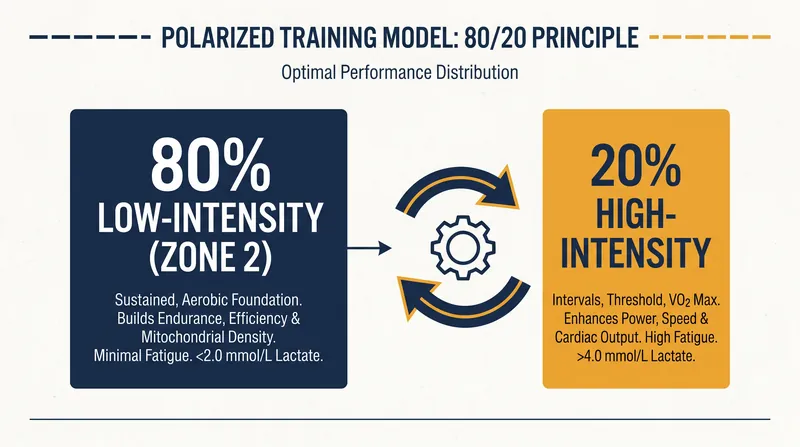 The polarized training model suggests endurance athletes spend the vast majority of their time at low intensity.