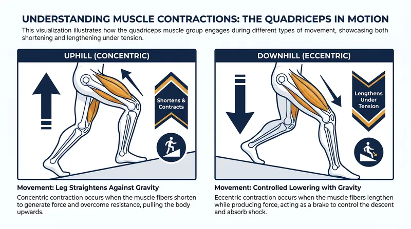 Unlike uphill climbing, downhill hiking forces the quadriceps to lengthen while under tension, causing microscopic muscle tears.