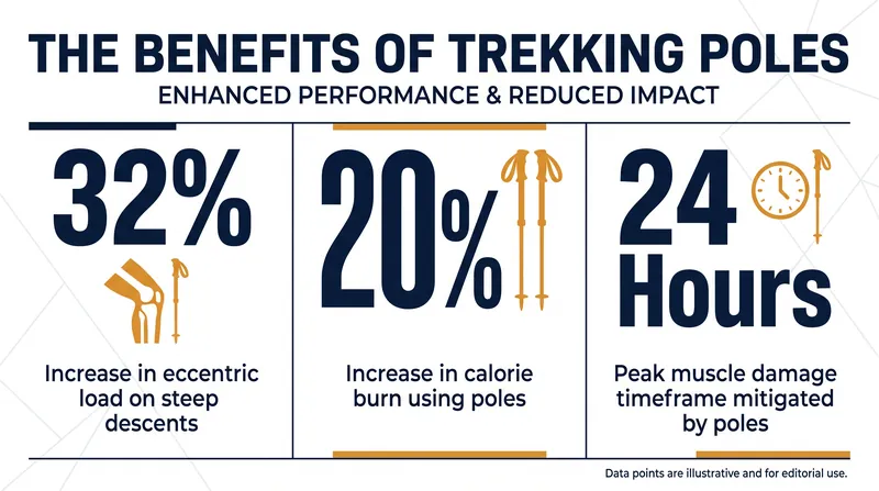 Trekking poles redistribute physical workload to the upper body, drastically reducing shear forces on the knee joint.