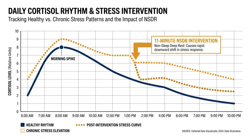 Clinical studies show that just 11 minutes of NSDR can significantly reduce circulating cortisol levels.
