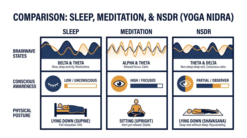 NSDR occupies a unique physiological middle ground between active meditation and unconscious sleep.