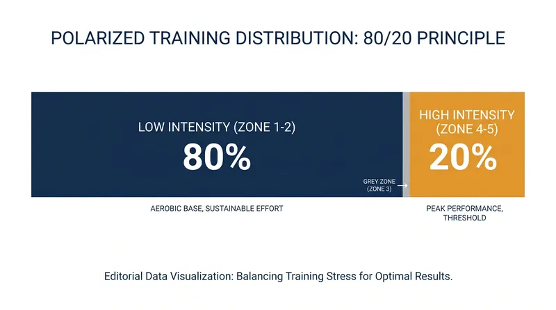 The 80/20 rule dictates that the vast majority of training should be low-intensity, avoiding the moderate 'grey zone'.