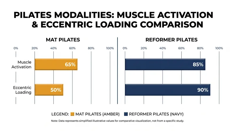 The Reformer's spring system alters the biomechanical load, providing unique eccentric resistance compared to Mat exercises.
