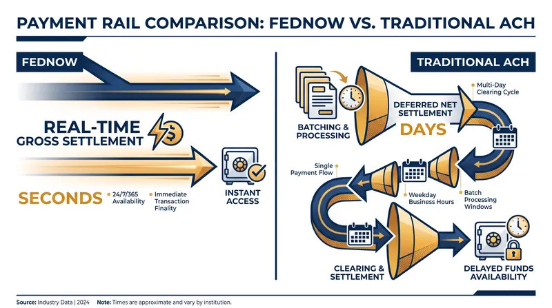 Unlike legacy systems that batch transactions, FedNow settles each payment individually in seconds.