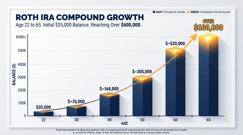 A $35,000 balance established at age 22 can compound significantly over a standard career.