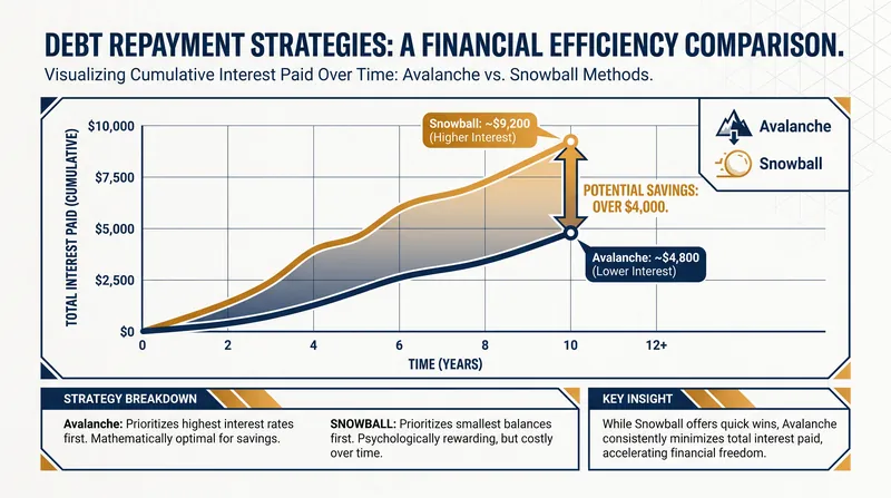 Over time, the Avalanche method consistently results in less total interest paid.