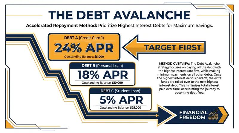 The Avalanche method targets the highest interest rate first to minimize total costs.