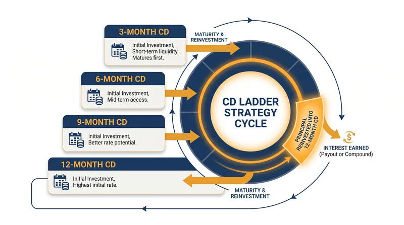 A CD ladder strategy allows savers to lock in fixed rates while maintaining rolling access to liquidity.