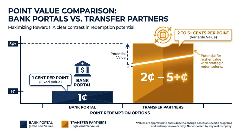 Transferring points to airline partners can significantly increase their per-cent value compared to booking through a bank portal.
