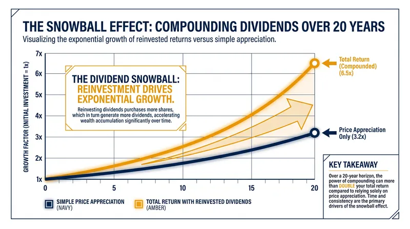 Reinvesting dividends accelerates portfolio growth through the power of compounding.
