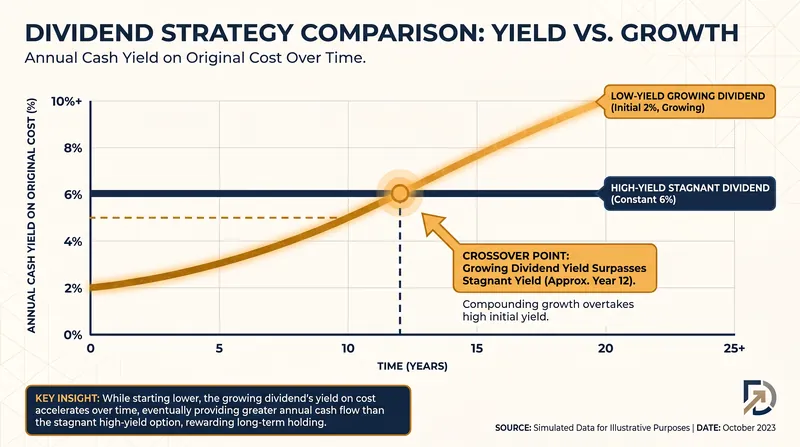 Over long time horizons, consistent dividend growth often outpaces a high initial yield.