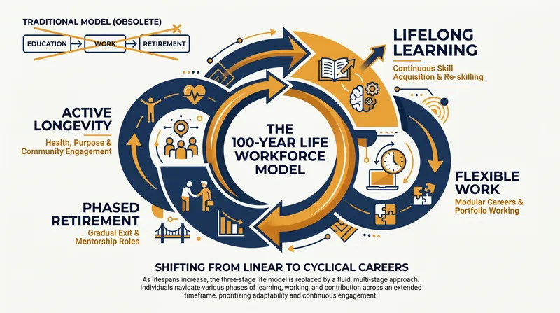 Labor markets are adapting to support 100-year lifespans, replacing the hard-stop retirement with phased, flexible working arrangements.