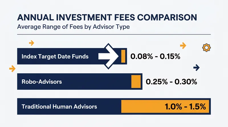While robo-advisors charge more than index target date funds, both remain significantly cheaper than traditional human management.