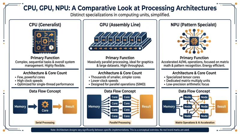 While CPUs handle general logic and GPUs handle parallel rendering, NPUs are purpose-built for the specific math of neural networks.