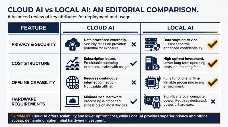 Local models trade the massive compute power of the cloud for absolute data sovereignty and zero recurring costs.