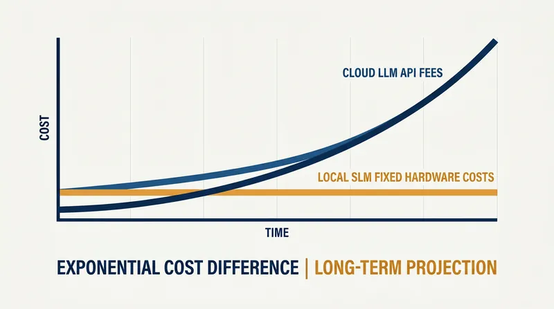 For high-volume tasks, the fixed cost of local SLM hardware drastically undercuts variable cloud API fees.