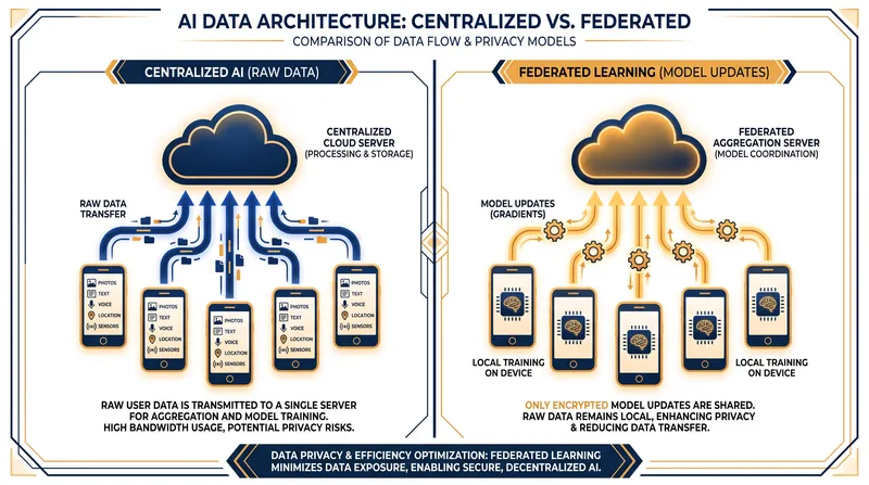 Federated learning keeps raw data on the user's device, transmitting only mathematical model updates to the central server.