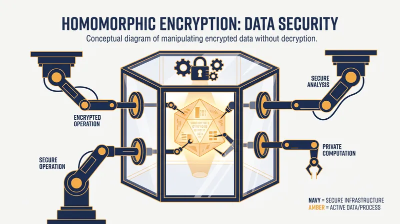 Homomorphic encryption functions like a locked box with built-in gloves, allowing computations on data without ever decrypting it.