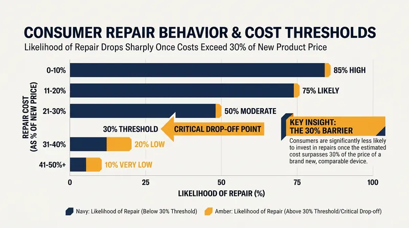Research indicates consumers abandon repair efforts when costs exceed 30% of the price of a new replacement device.