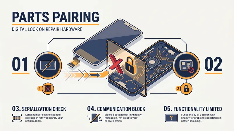 Parts pairing uses software locks to prevent unauthorized replacement components from functioning, a practice targeted by new 2026 legislation.