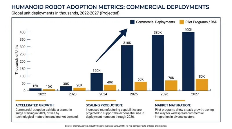 Commercial humanoid deployments have surged as the technology transitioned from prototypes to production units.