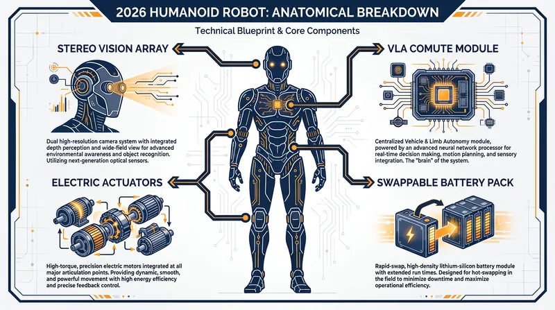 The modern humanoid architecture relies on fully electric joints, onboard AI compute, and advanced spatial perception.