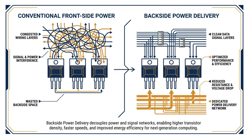 By moving power rails to the back of the wafer, designers free up critical space for data signals on the front.