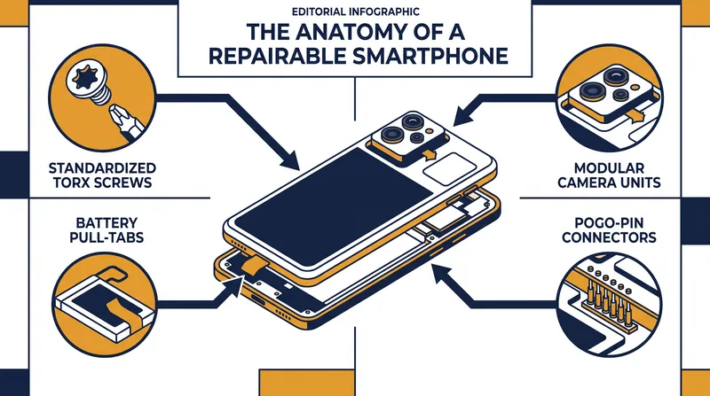 The anatomy of a modern repairable smartphone prioritizes accessibility and modular sub-assemblies over heavy glues.