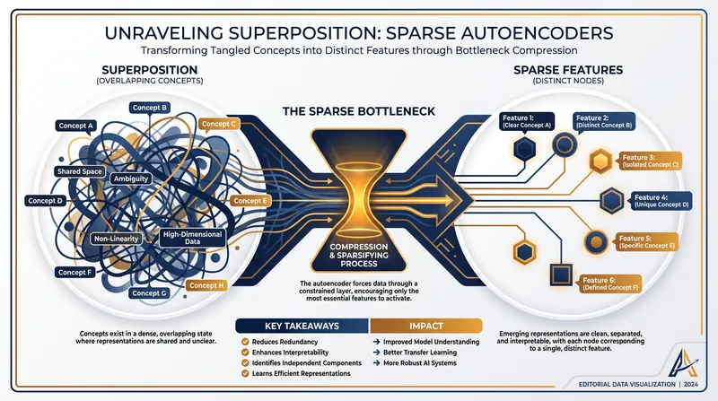 Sparse autoencoders untangle overlapping neural activations into distinct, understandable concepts.