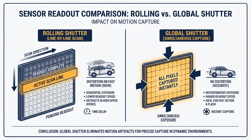 Unlike rolling shutters that scan sequentially, global shutters capture the entire frame in a single instant.
