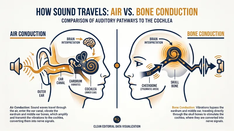 Bone conduction bypasses the eardrum entirely, while air conduction utilizes directional speakers to push sound waves into the canal.