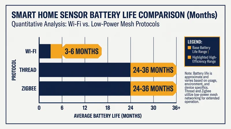Low-power mesh protocols like Thread and Zigbee dramatically extend the battery life of wireless sensors.