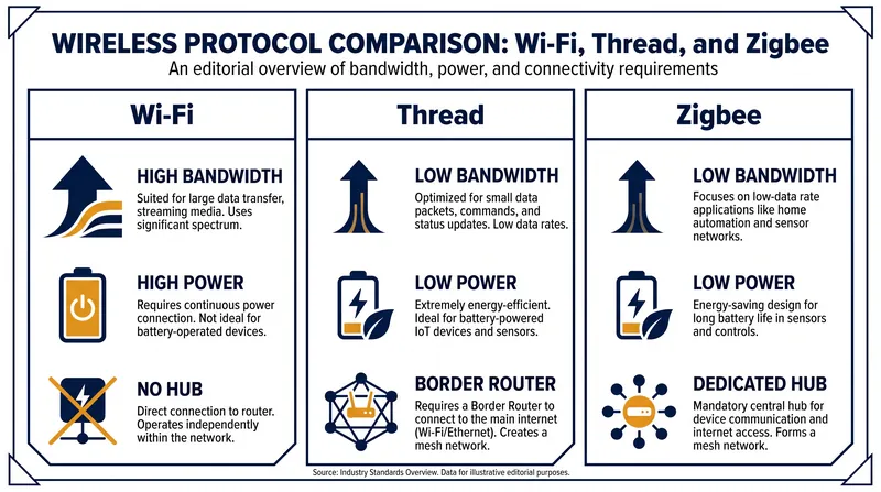 Each smart home protocol balances bandwidth, power consumption, and infrastructure requirements differently.