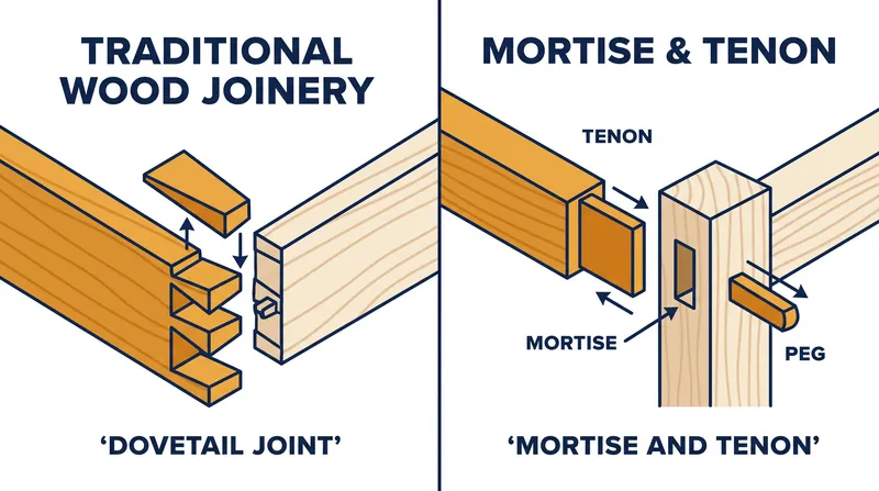 Traditional joinery techniques like dovetail and mortise-and-tenon provide structural integrity without relying on chemical glues or cheap screws.