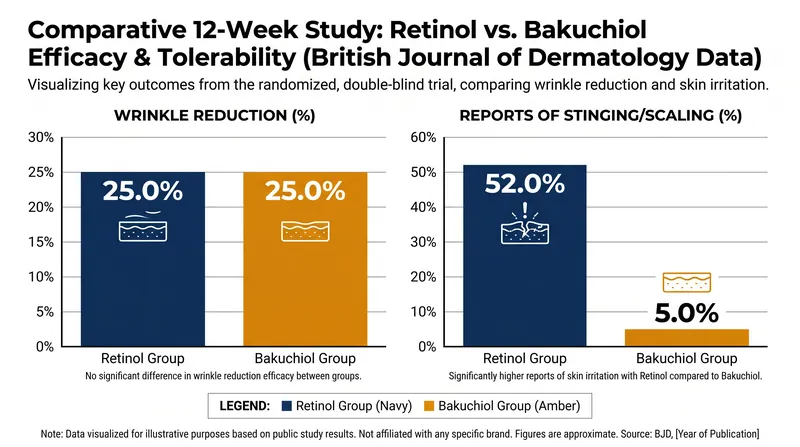 Clinical data shows both ingredients reduce wrinkles equally, but retinol causes significantly more irritation.