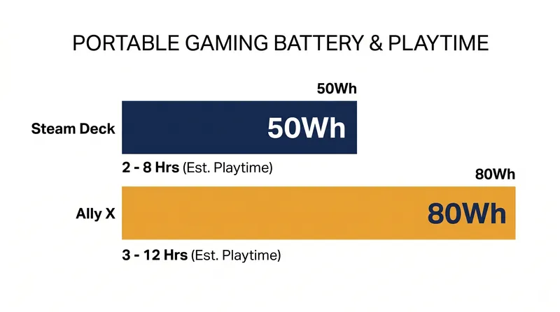 While the Ally X features a significantly larger battery, the Steam Deck OLED's low-wattage efficiency allows it to compete in overall playtime.